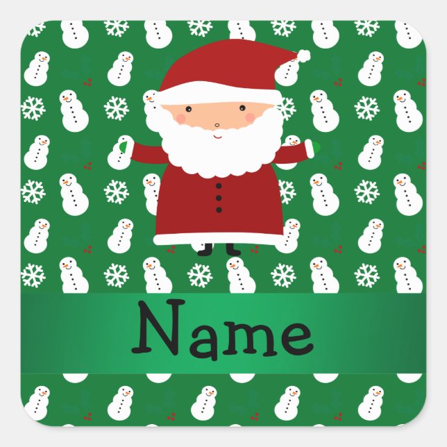Personalisierter Name Santa Green Snowman Quadratischer Aufkleber (Vorderseite)