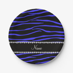 Personalisierter Name schwarz-blaue Zebrastreifen Pappteller