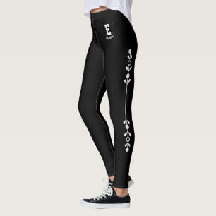 Personalisierter Name Schwarz Neutrale Blumen Mono Leggings