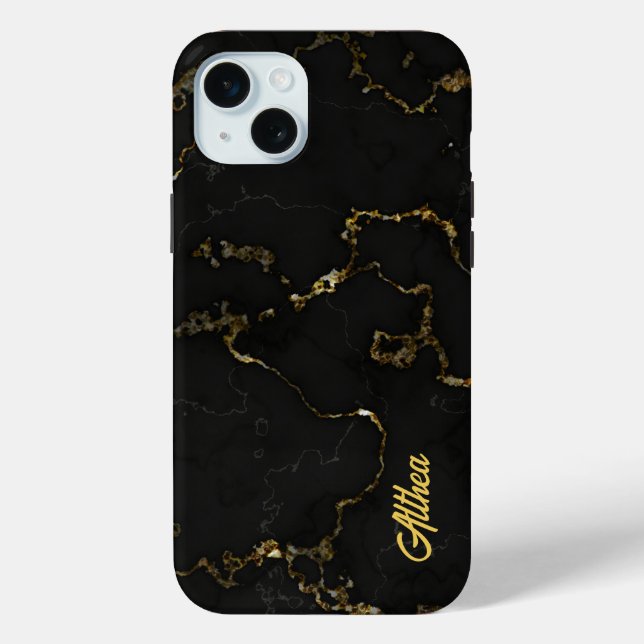 Personalisierter Name Schwarz und Gold marmoriert Case-Mate iPhone Hülle (Rückseite)