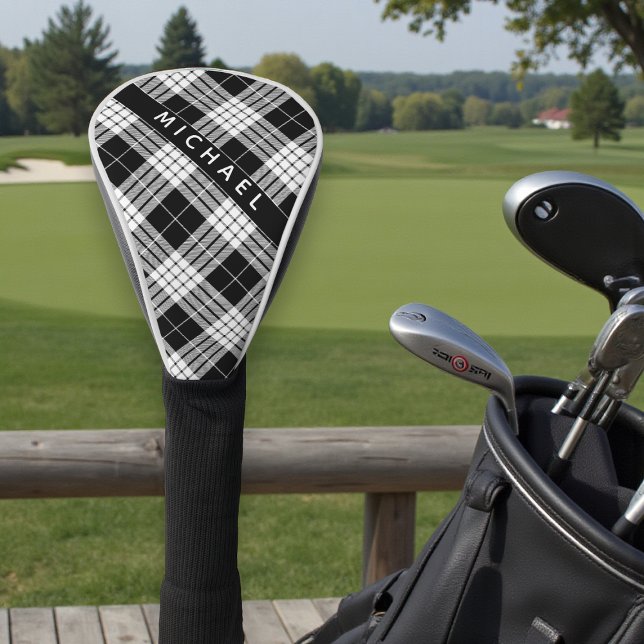 Personalisierter Name Schwarz-Weiß-Tartan-Muster Golf Headcover (Von Creator hochgeladen)