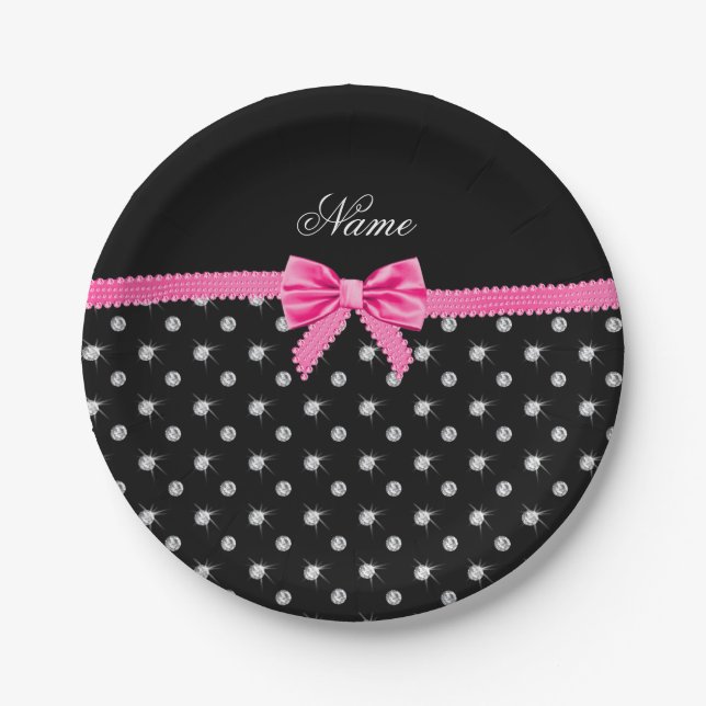 Personalisierter Name schwarze Diamanten rosa Bug Pappteller (Vorderseite)