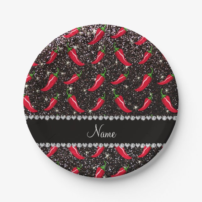 Personalisierter Name Schwarzer Glitzer Chili Pfef Pappteller (Vorderseite)