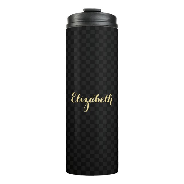Personalisierter Name Schwarzer Karo Muster Sleek  Thermosbecher (Vorderseite)