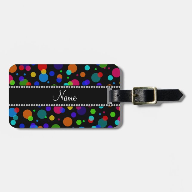 Personalisierter Name Schwarzer Regenbogenpolka-Pu Gepäckanhänger (Vorderseite horizontal)