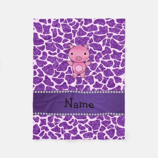 Personalisierter Name Schwein lila Glitzer Giraffe Fleecedecke (Vorderseite)