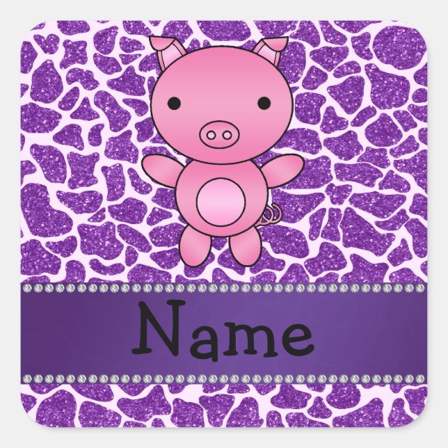Personalisierter Name Schwein lila Glitzer Giraffe Quadratischer Aufkleber (Vorderseite)