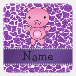 Personalisierter Name Schwein lila Glitzer Giraffe Quadratischer Aufkleber