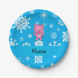 Personalisierter Name Schweineschneeflocken Pappteller