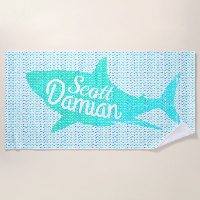 Personalisierter Name Shark Waves Benutzerdefinier Strandtuch (Vorderseite)