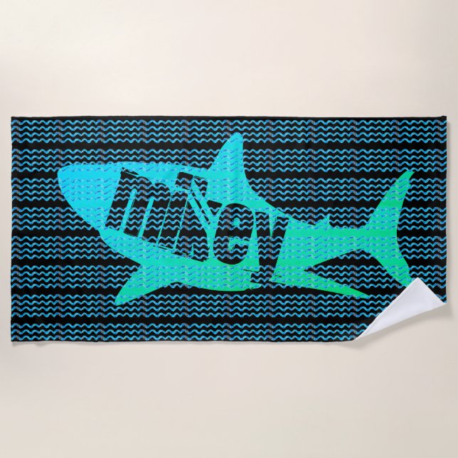 Personalisierter Name Shark Waves Benutzerdefinier Strandtuch (Vorderseite)