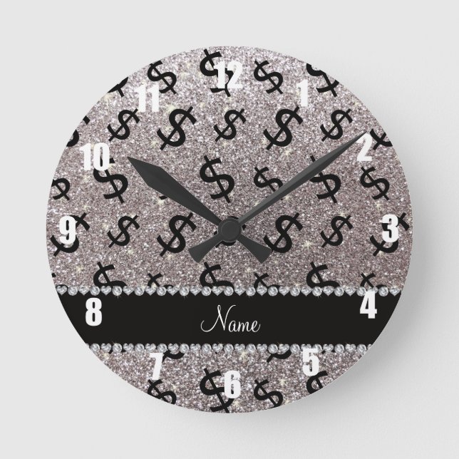 Personalisierter Name Silber Glitzer Dollarzeichen Runde Wanduhr (Vorderseite)