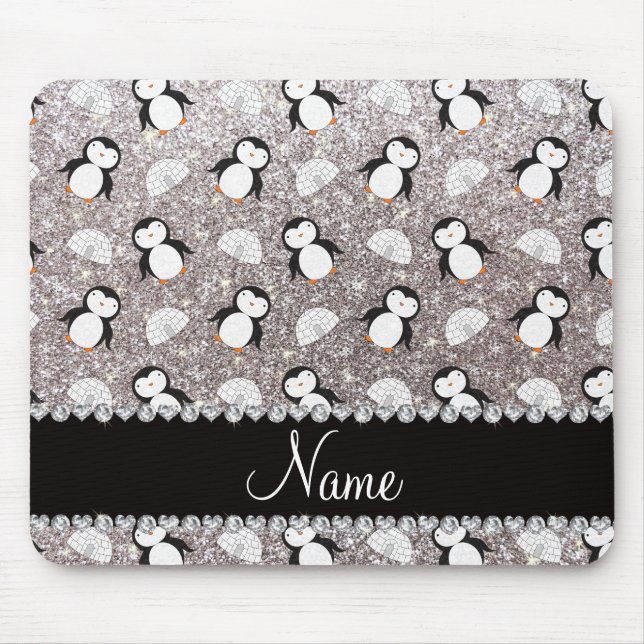 Personalisierter Name silber Glitzer Pinguine Iglu Mousepad (Vorne)