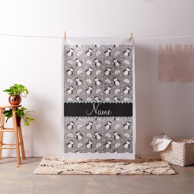 Personalisierter Name silber Glitzer Pinguine Iglu Stoff (Beispiel)