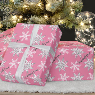 Personalisierter Name Silver Snowflake Pink Gift Geschenkpapier