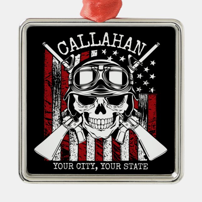 Personalisierter NAME Soldier Skull Duale Guns USA Ornament Aus Metall (Vorne)