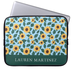 Personalisierter Name Sonnenblumenmuster auf blau Laptopschutzhülle