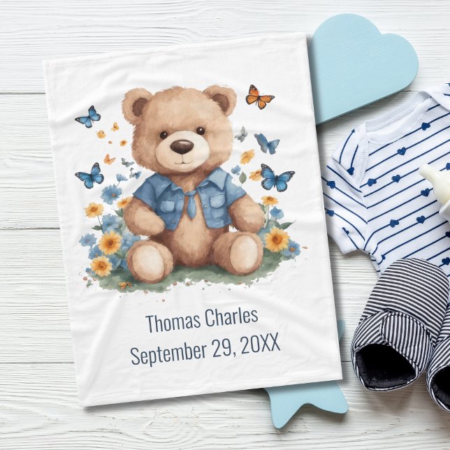 Personalisierter Name Teddy Bear Butterflies Baby Fleecedecke (Personalized Teddy Bear Butterflies Baby Blanket. Available in three sizes)