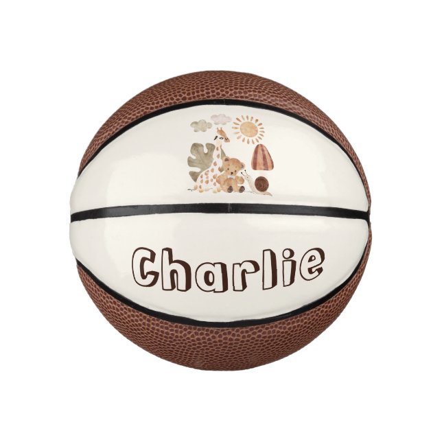 Personalisierter Name Text Boho Woodland Jungtier Mini Basketball (Vorderseite)