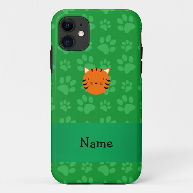 Personalisierter Name Tiger Gesicht grünes Pfotenm Case-Mate iPhone Hülle (Rückseite)