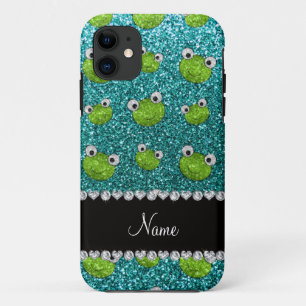 Personalisierter Name Türkis Glitzer Frosch iPhone 11 Hülle