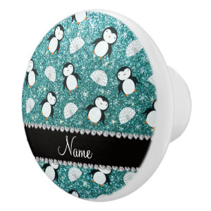 Personalisierter Name Türkis Glitzer Pinguine Iglu Keramikknauf