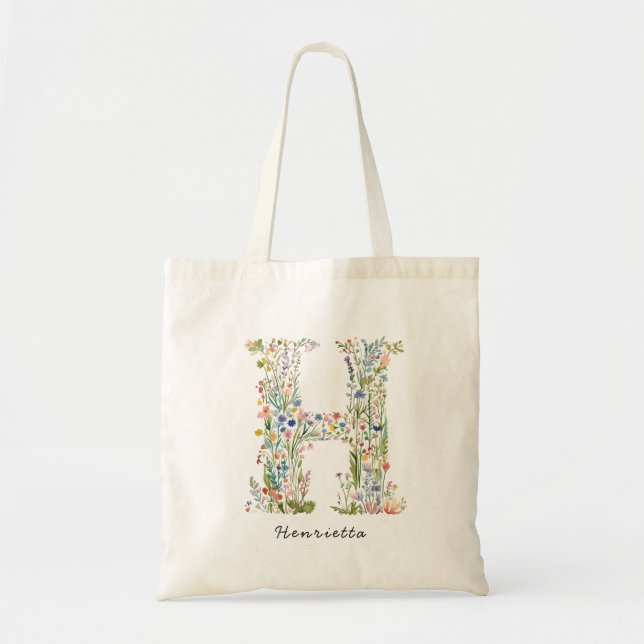 Personalisierter Name und florale Monogramm "H" Tragetasche (Vorne)