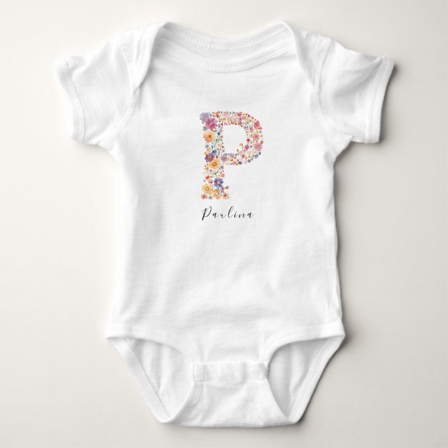 Personalisierter Name und florale Monogramm "P" Baby Strampler (Vorderseite)