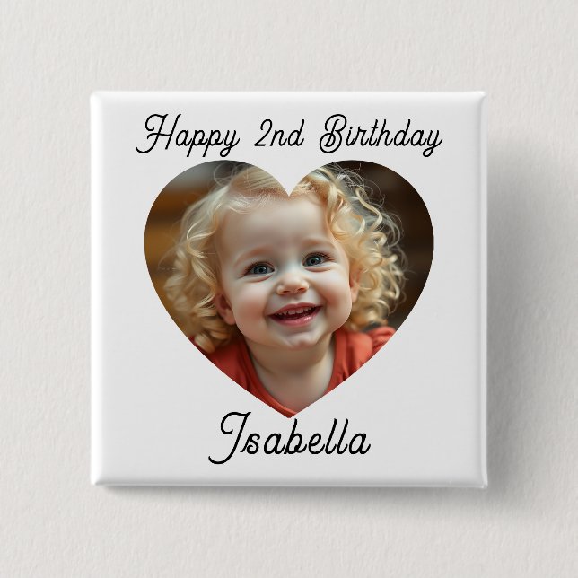 Personalisierter Name und Herz Foto Geburtstag  Button (Vorderseite)