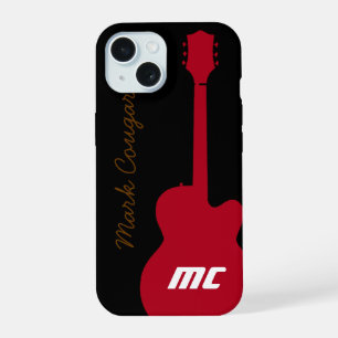 personalisierter Name und Initialen rote Rockgitar iPhone 15 Hülle