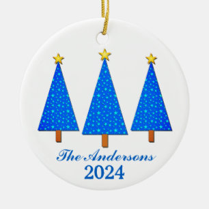 Personalisierter Name und Jahr Blauer Weihnachtsba Keramik Ornament