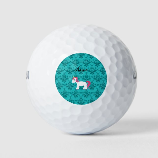 Personalisierter Name Unicorn-Türkis-Damast Golfball (Vorderseite)