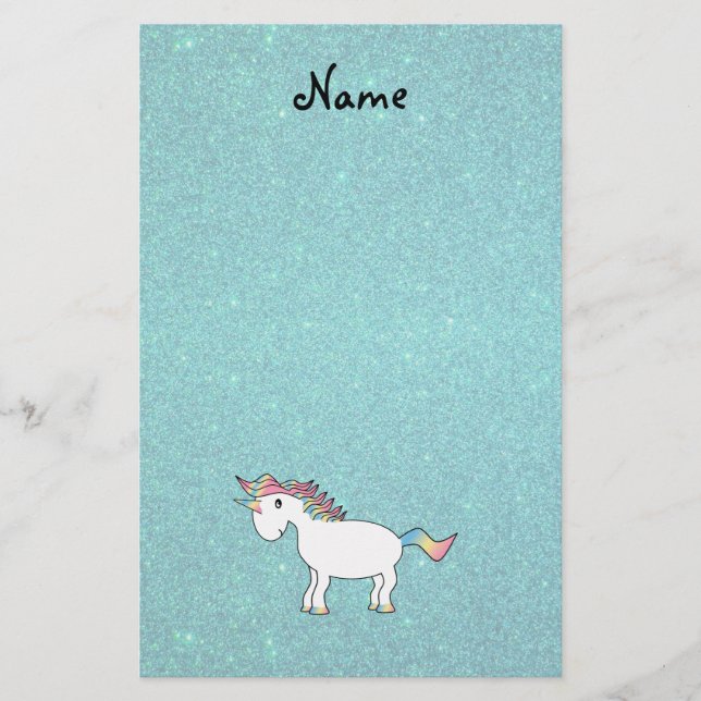 Personalisierter Name unicorn türkisfarbener Glitz Briefpapier (Vorderseite)