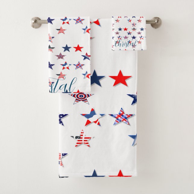 Personalisierter Name USA Flaggenstar 4 july Badhandtuch Set (Insitu)