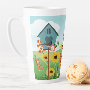 Personalisierter Name / Vogelhaus und Blumengarten Milchtasse