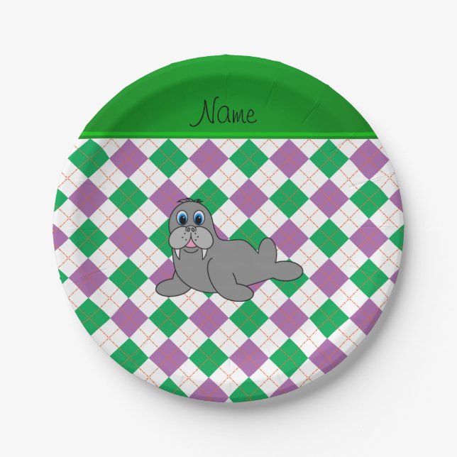 Personalisierter Name Walrus grün lila Raute Pappteller (Vorderseite)