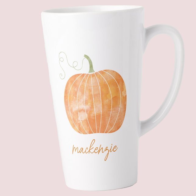 Personalisierter Name Wasserfarbe Pumpen Herbst He Milchtasse (Modern script font personalized custom name watercolor pumpkin autumn fall Thanksgiving latte mug )