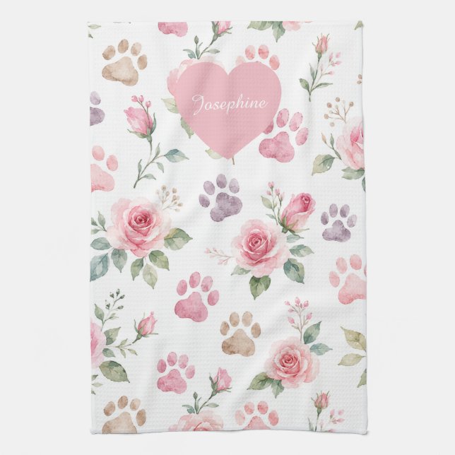 Personalisierter Name Wasserfarbe Rose & Pfotenabd Geschirrtuch (Vertikal)