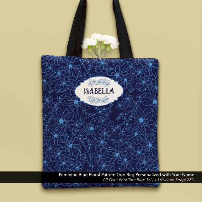 Personalisierter Name Weiblich Blaues Blumenmuster (Feminine Blue Floral Pattern Tote Bag–Personalized with Your Name)