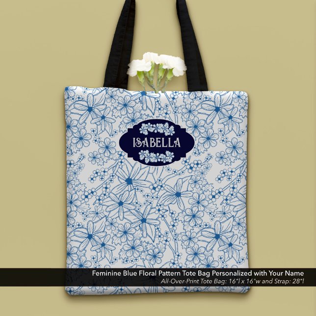 Personalisierter Name Weiblich Blaues Blumenmuster (Feminine Blue Floral Pattern Tote Bag–Personalized with Your Name)