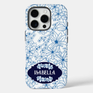Personalisierter Name Weiblich Blaues Blumenmuster iPhone 16 Pro Hülle