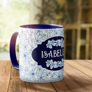 Personalisierter Name Weiblich Blaues Blumenmuster Tasse