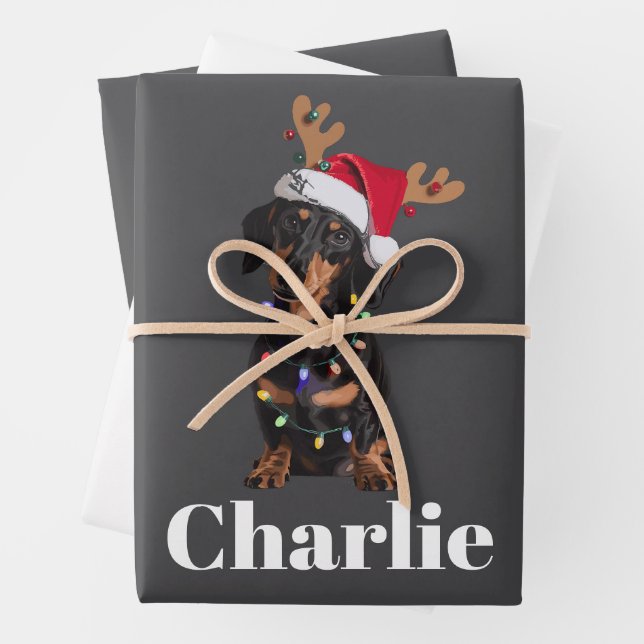 Personalisierter Name Weihnachten Dackel Hundelamp Geschenkpapier Set (Beispiel)