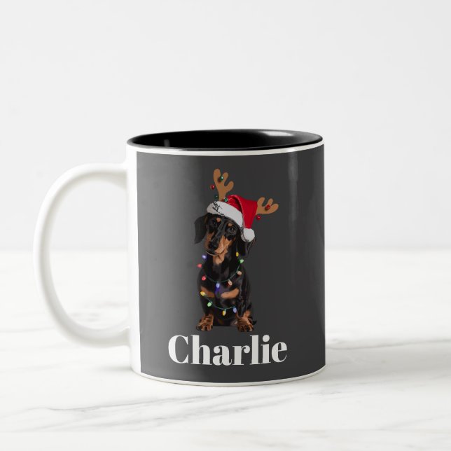Personalisierter Name Weihnachten Dackel Hundelamp Zweifarbige Tasse (Links)