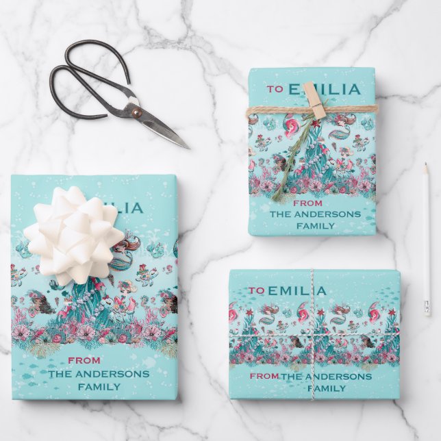 Personalisierter Name Weihnachten Meerjungfrau und Geschenkpapier Set (Vorderseite)