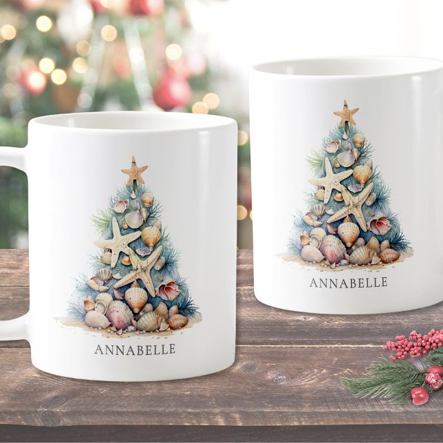 Personalisierter Name Weihnachtsbaum Beach Kaffeetasse (Personalized Name Christmas Tree Beach Coffee Mug)