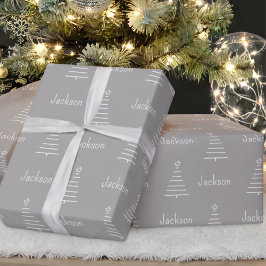 Personalisierter Name Weihnachtsbaum Graues Gesche Geschenkpapier