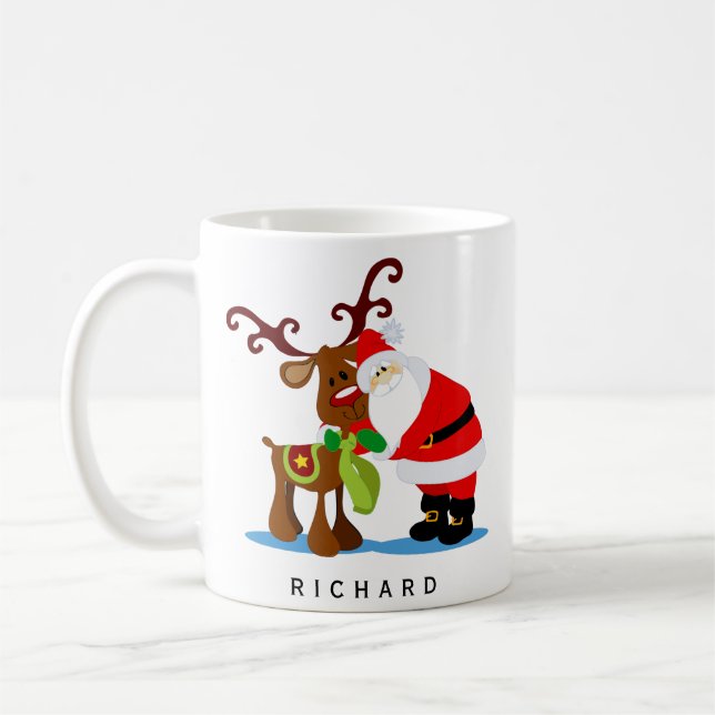 Personalisierter Name Weihnachtsmann und Rentiere Kaffeetasse (Links)