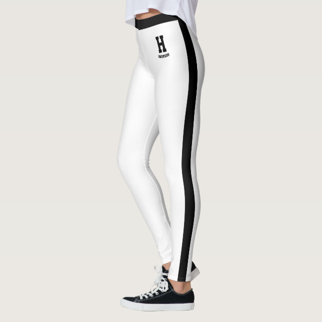 Personalisierter Name Weiß Schwarz Monogramm Strei Leggings (Links)