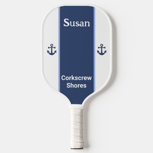 Personalisierter Name Weißer Navy Blue Anchor Pickleball Schläger (Vorderseite)